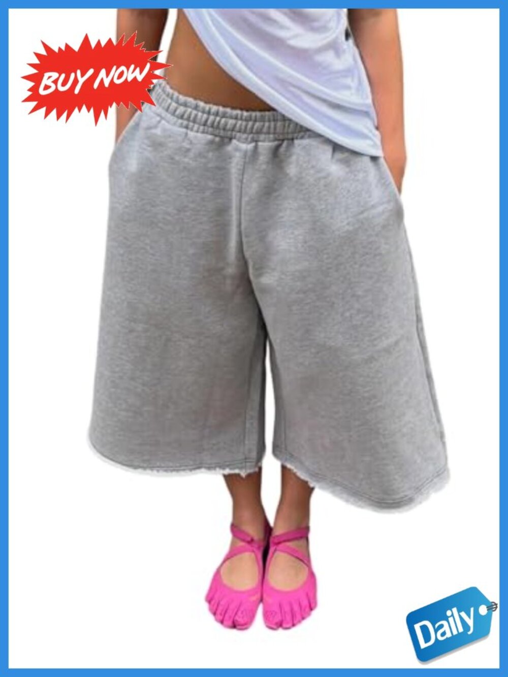 Wide Leg Cargo Capri Pants Elastic Waist Baggy Culotte Raw Hem